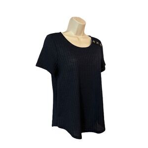 Storybuk Knit Small Ladies Navy Ribbed Short Sleeve Top